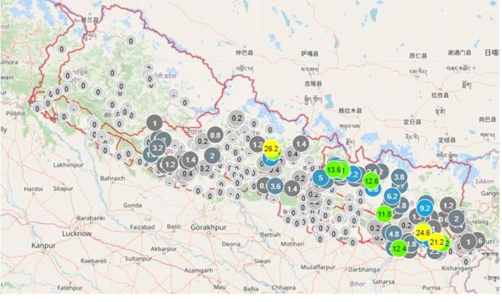 कोशी, बागमती, गण्डकी र लुम्बिनी प्रदेशका केही स्थानमा भारी वर्षा हुने