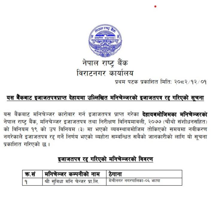 नवीकरण नगरेपछि राष्ट्र बैंकद्वारा सुविधा मनि चेन्जरको इजाजतपत्र खारेज